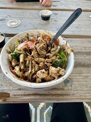 Chicken Bowl with Soba noodles, veggies, garlic butter and teriyaki sauce