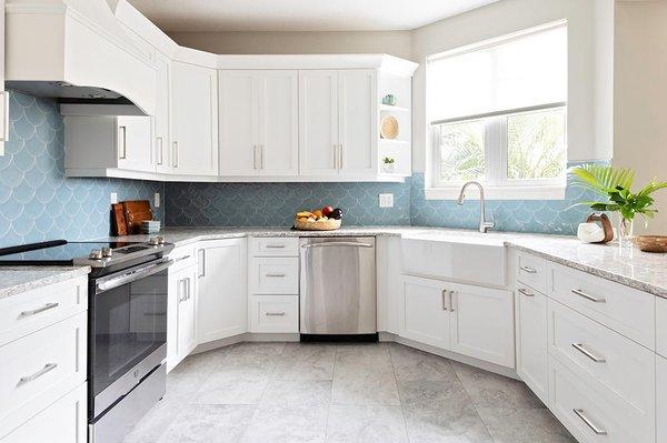 White kitchen cabinets after cabinet painting