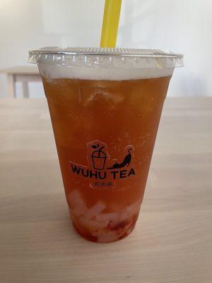 Strawberry green tea with lychee jelly & less ice