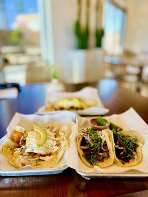 Tacos (left to right): chilaquiles, asada, and vegano