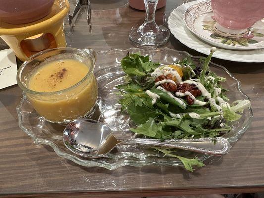 Sweet potato and pear soup and salad with candied pecans