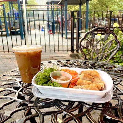 Spring Rolls ($6) and Vietnamese Iced Coffee ($3.25). Al fresco in the park