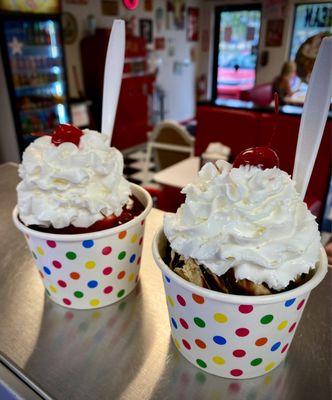 Small strawberry sundae (left) and small hot fudge sundae (right). Make yours anyway you want