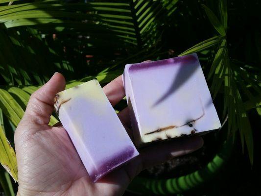 Our full size bar and sample size bar of Hawaiian Hibiscus side by side