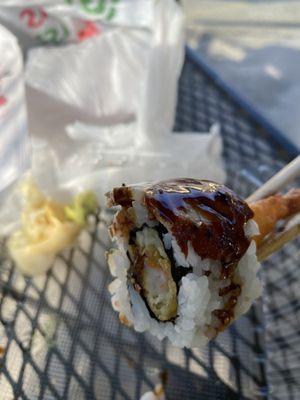 Thin piece of unagi on my dragon roll.