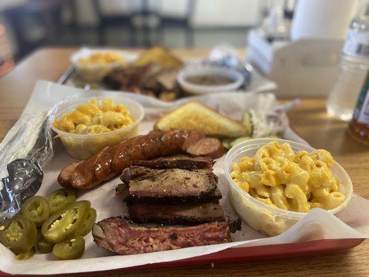 Brisket, Ribs (best rib ever), sausage, Mac n cheese and texas toast.