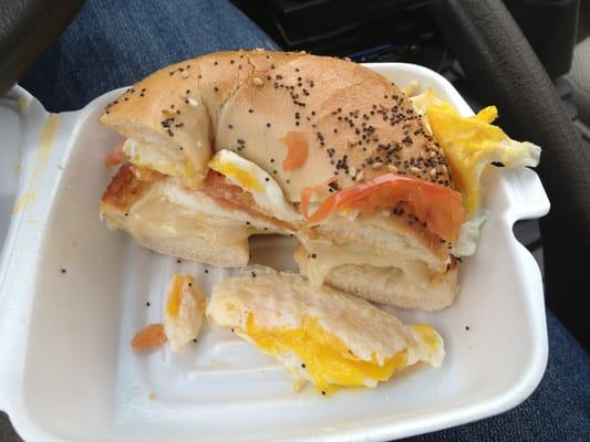 Egg provolone and tomato on an everything bagel... Eggs a bit runny but still good