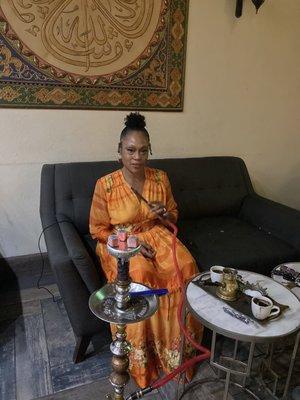 Genelle at Sahara Hookah Lounge with Hookah and English Coffee.