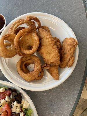 Chicken tenders and side of onion rings