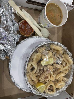 Fried calamari, beef barley soup that comes with the pasta