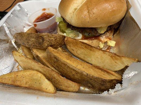 Single cheese burger and fries