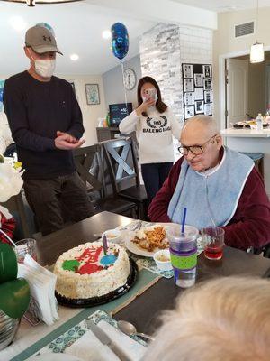 My Father, me and Kathrina celebrating his 84th birthday.  Kathrina got him a cake!