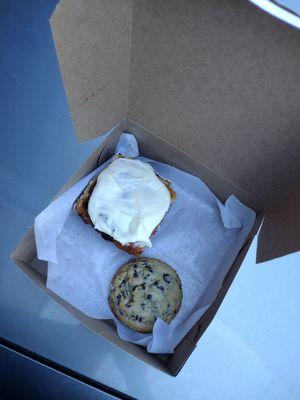 cinnamon roll and chocolate chip cookie