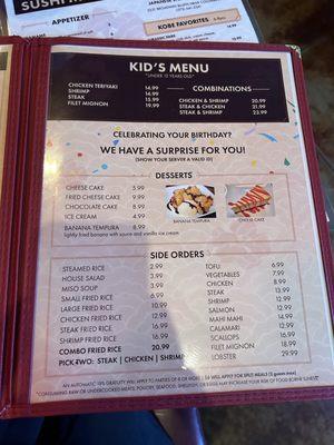 kids menu, dessert menu, sides