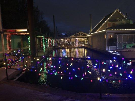 Floating homes decorated for the holidays