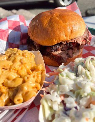 Smoked Mac & Cheese, coleslaw and Brisket sandwich