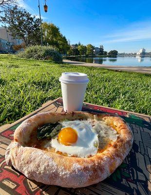 Kachapuri and cappuccino by Lake Merritt