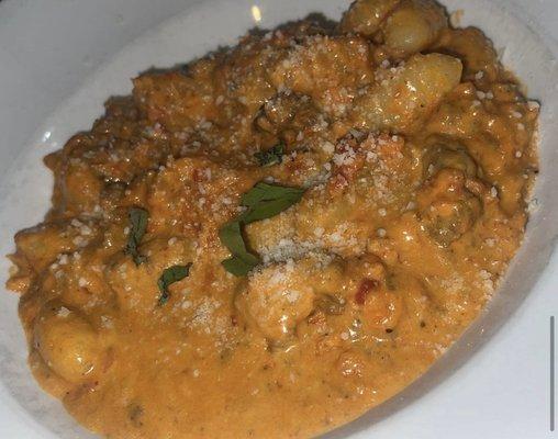 Potato Gnocchi with pink sauce and meat sauce