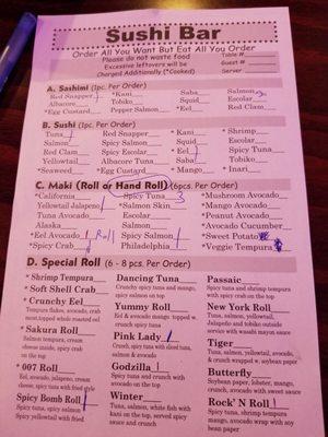 All You can eat sushi selection menu separate from appetizers