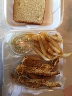 Four piece lunch special: catfish, hush puppies and French fries price $7.99