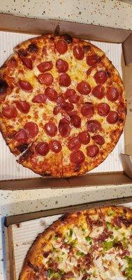 Pepperoni and a sweet BBQ chicken pizza's