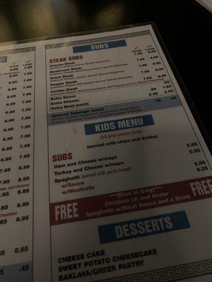 Subs, kids menu, and desserts