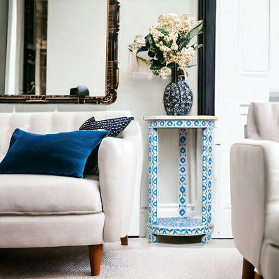 Tall accent table, in blue and white inlay. A timeless addition to any home. Limited stocks only.