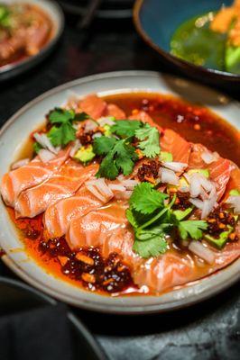 Avo Salmon: Avocado, Crunchy Garlic Ponzu, Cilantro Sprouts, Onion