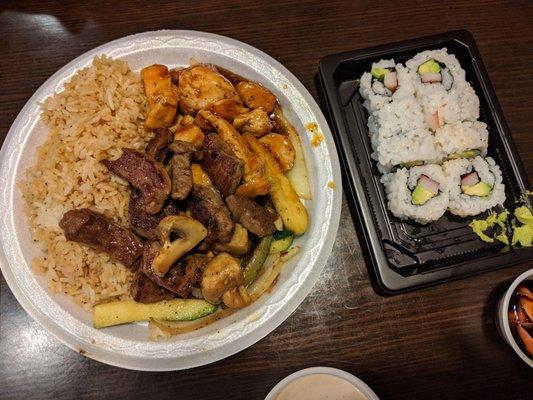 Steak and chicken plate with california roll