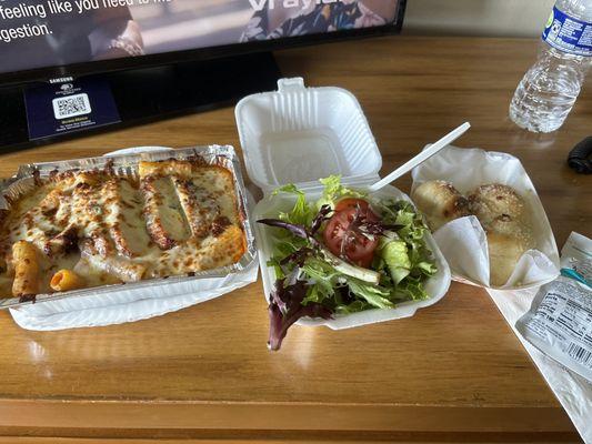 Baked Ziti with added chicken, side salad and garlic knots