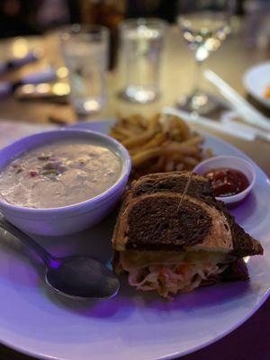 Turkey Reuben with clam chowder - pretty decent