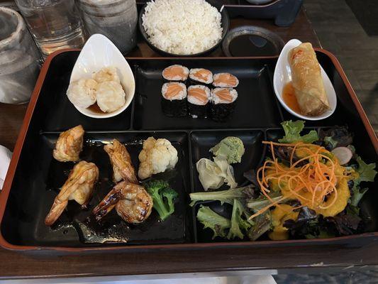 shrimp teriyaki bento box with salmon roll. side of white rice, a little dry. everything else was delicious.