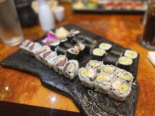 Clockwise from top left: Shiitake roll, Cucumber roll, Shrimp cucumber roll, Tuna cucumber roll