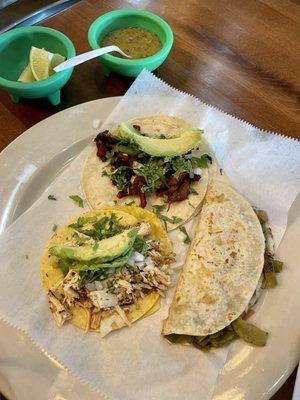 Mini tacos (pollo and Al pastor, with avocado added on) and small quesadilla with nopales