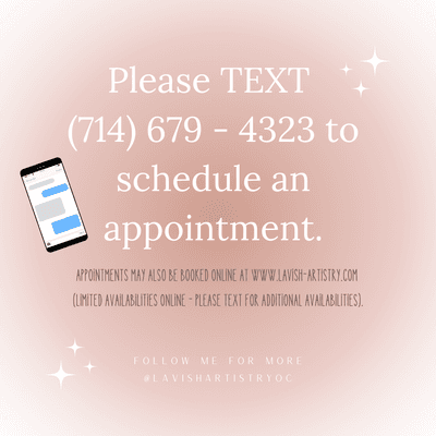 Please TEXT to schedule your appointments! Visit our new website to book appointments online. :)