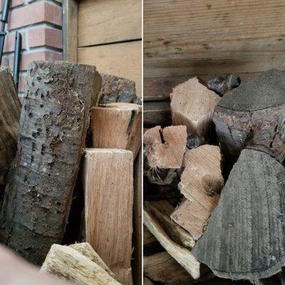 Kiln dried wood received Autumn 2020 compared to the firewood that has seasoned in my yard for over 5 yrs.