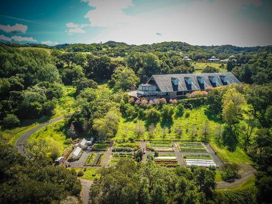 A view from overhead of the Chalk Hill Estate and its vineyards