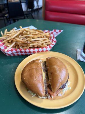 Jumbo cheeseburger and a large order Of fries.