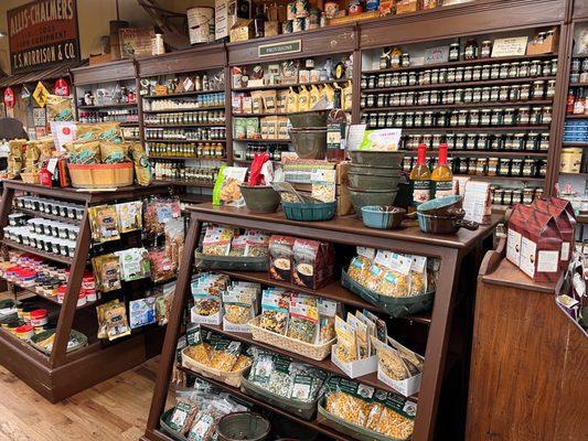 Beautiful shelves and selection of local teas, soups and canned goods