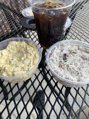 Lunch of chicken salad, egg salad and a diet Mexicali soda.