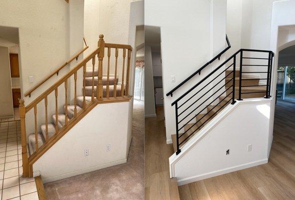 A before and after shot of our stair rail. COMPLETELY satisfied with how it turned out. These guys are PROFESSIONALS.