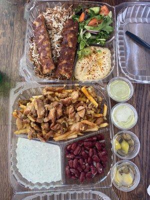 Top: Chicken Luleh Kebob with Anatolian Rice, Hummus, and Green Salad Bottom: Chicken Shawarma with Fries, Bean Salad, and Tsatseke