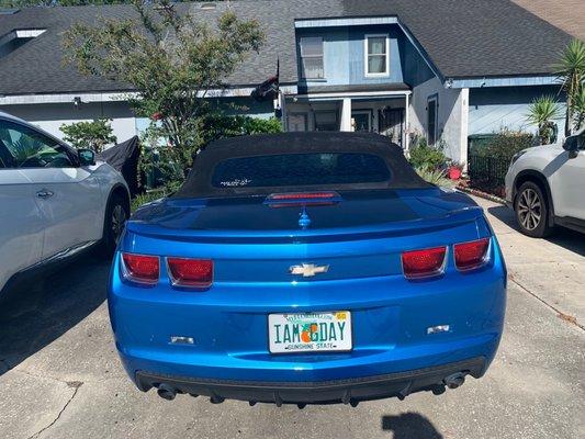 2013 Chevy Camaro. Painted from white with a MUCH deteriorated blue decal to beautiful blue with a black stripe.