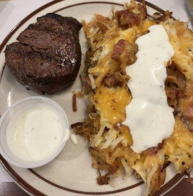 7 oz filet and loaded hash browns