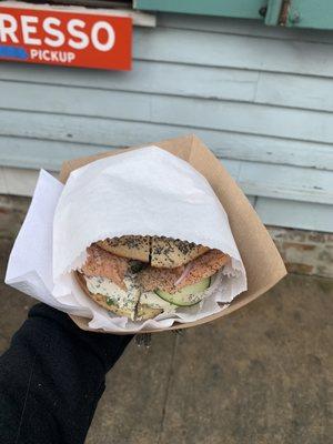 Smoke salmon with poppy seed bagel