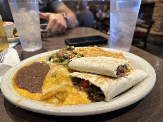 Lunch portion quesadilla, rice and taquito