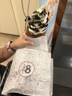 Taiyaki soft serve, matcha and milk combined.