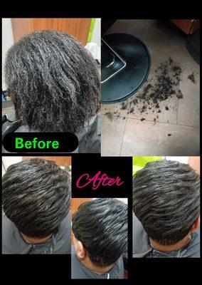 ***New client alert***
Came in with damaged hair. It was all natural. 
Final results: relaxed, cut, and styled

Book Today!