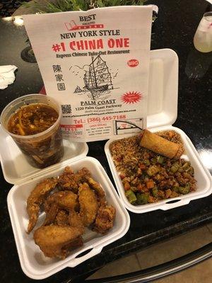 App-Chicken wings , Soup- large hot &sour, lunch special- Kung Pao Chicken no peanuts extra spicy!!! Delicious I will definitely return.