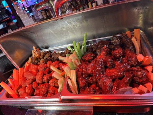 Bonesless Buffalo wings and Honey BBQ Chicken